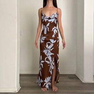 NWT Selfie Leslie Morea Cowl Neck Maxi Dress Floral Brown